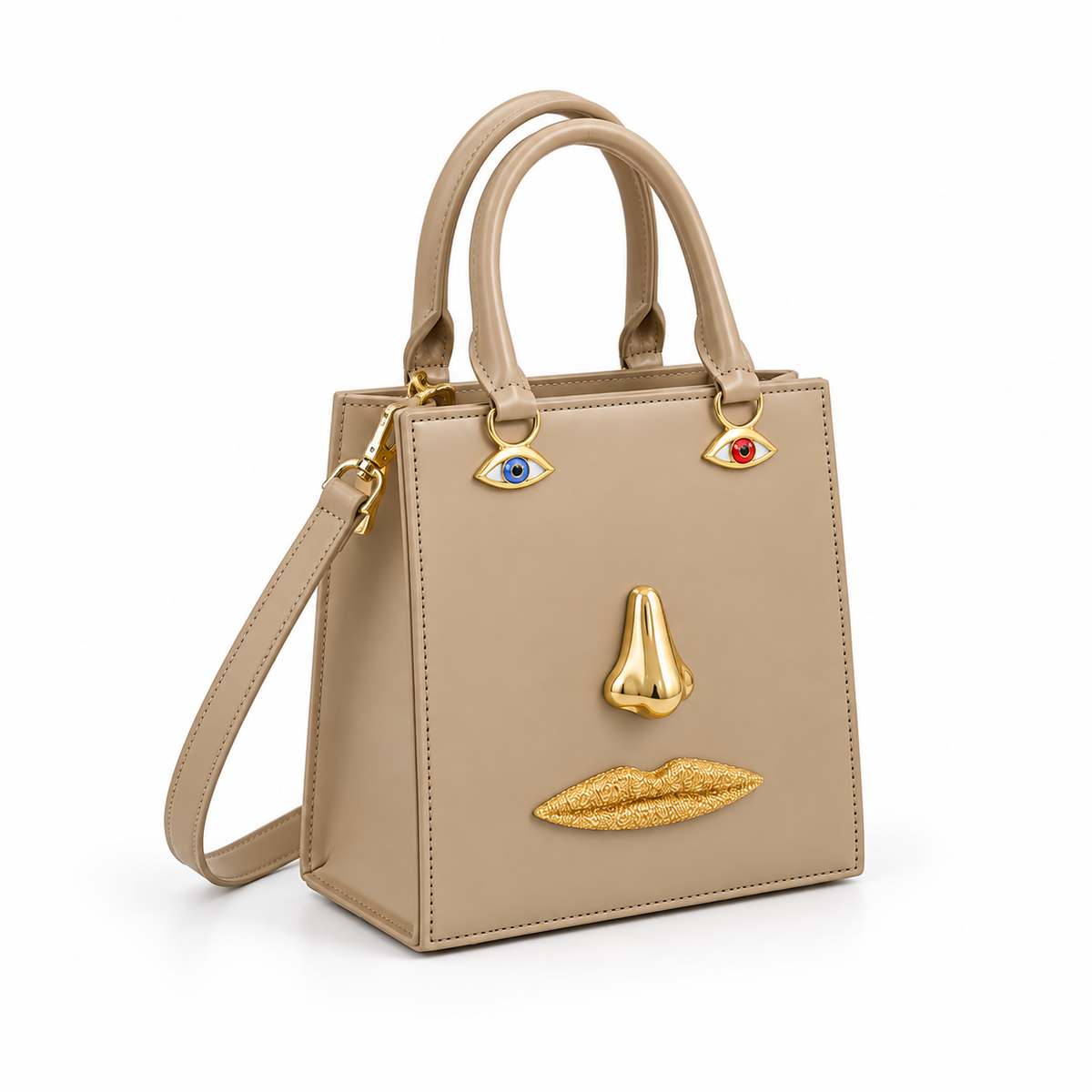 Khaki Sculptural Face Structured Tote Handbag-1