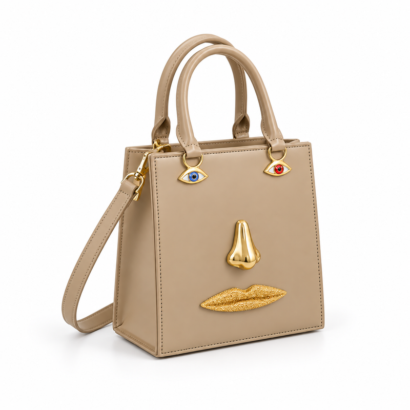 Khaki Sculptural Face Structured Tote Handbag-1
