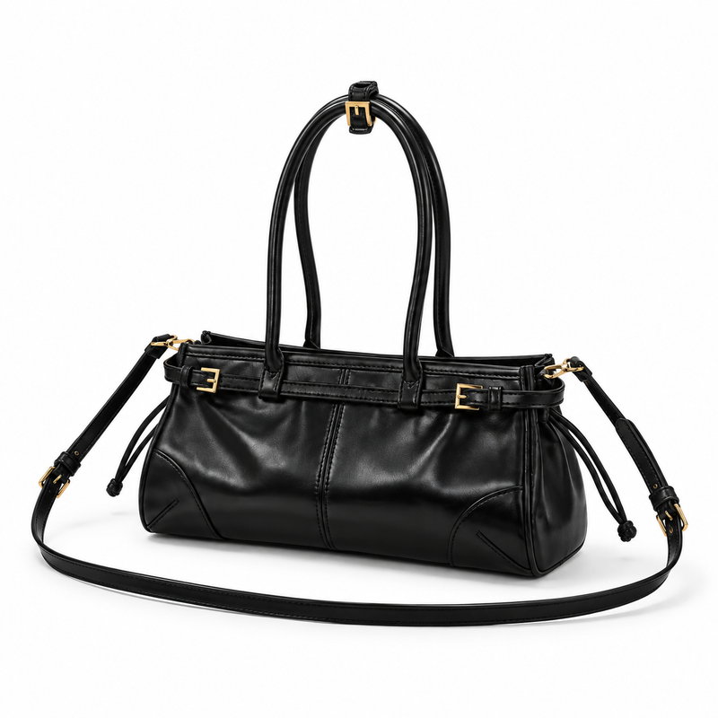 Glossy Black Structured Shoulder Handbag Purse-3