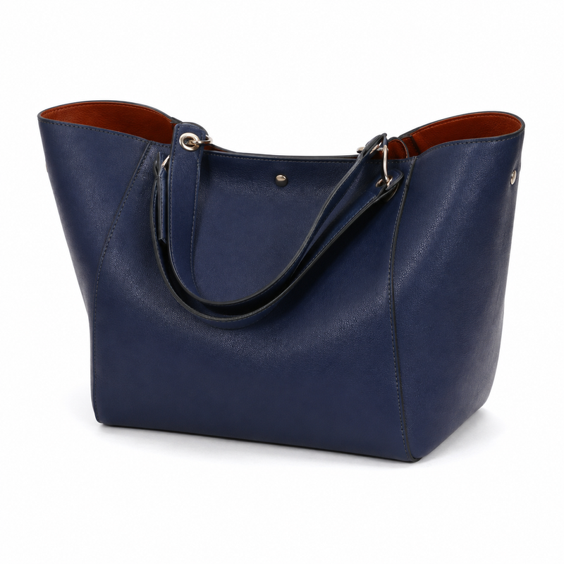 Navy Blue Structured Tote Handbag with Brown Interior-4