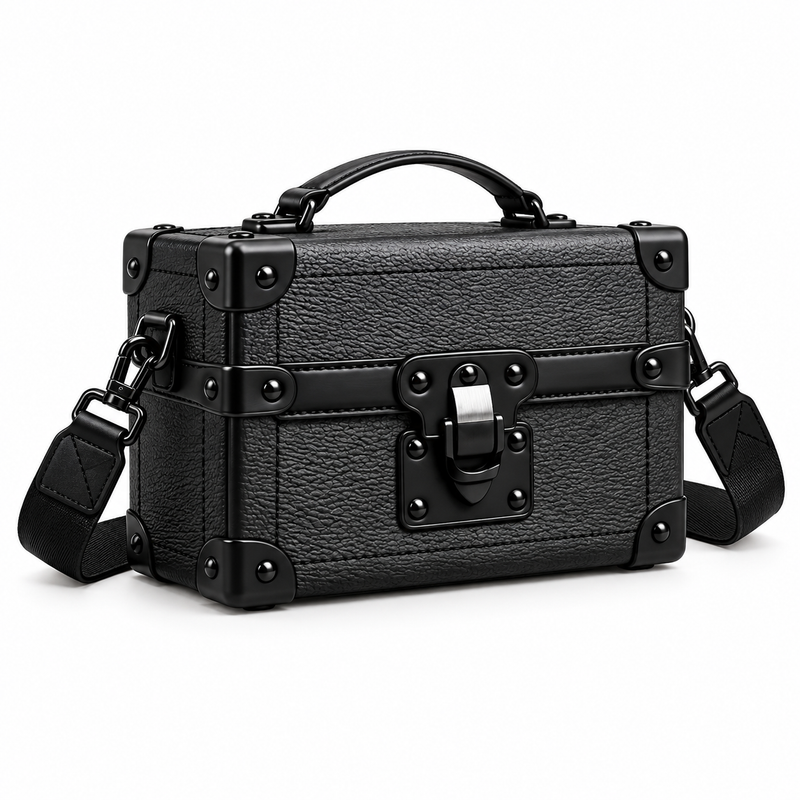 Black Vegan Leather Trunk Crossbody Bag-1