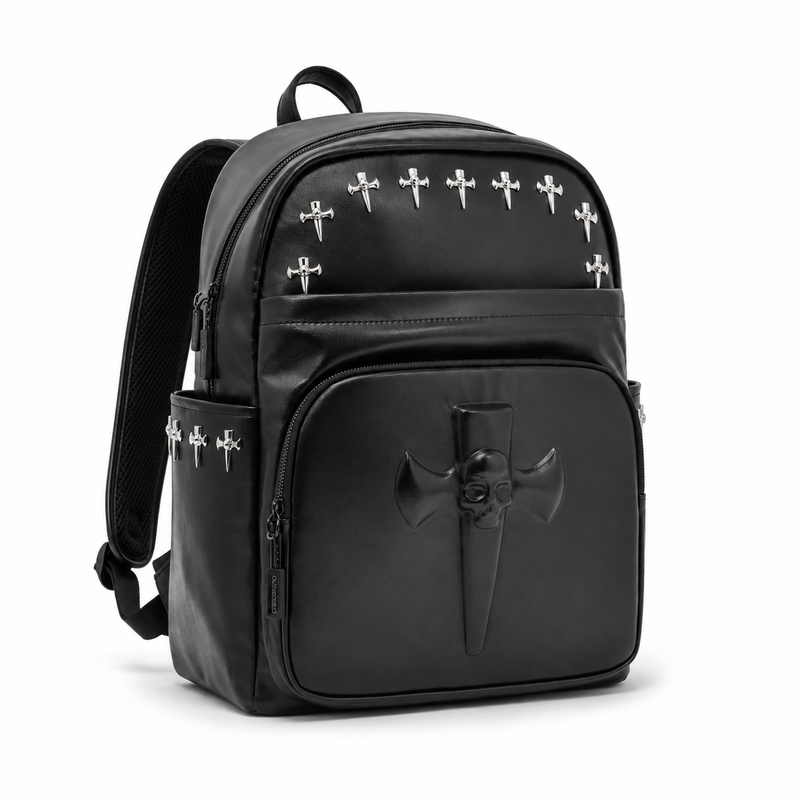 Gothic Skull Cross Studded Leather Backpack-1