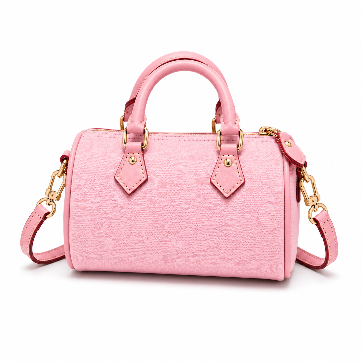 Pastel Pink Textured Mini Boston Handbag with Detachable Shoulder Strap-4