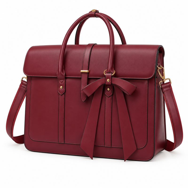 Burgundy Bow Detail Leather Laptop Bag-3