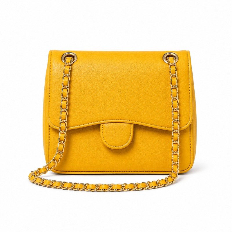 Golden Yellow Textured Chain Shoulder Bag-3