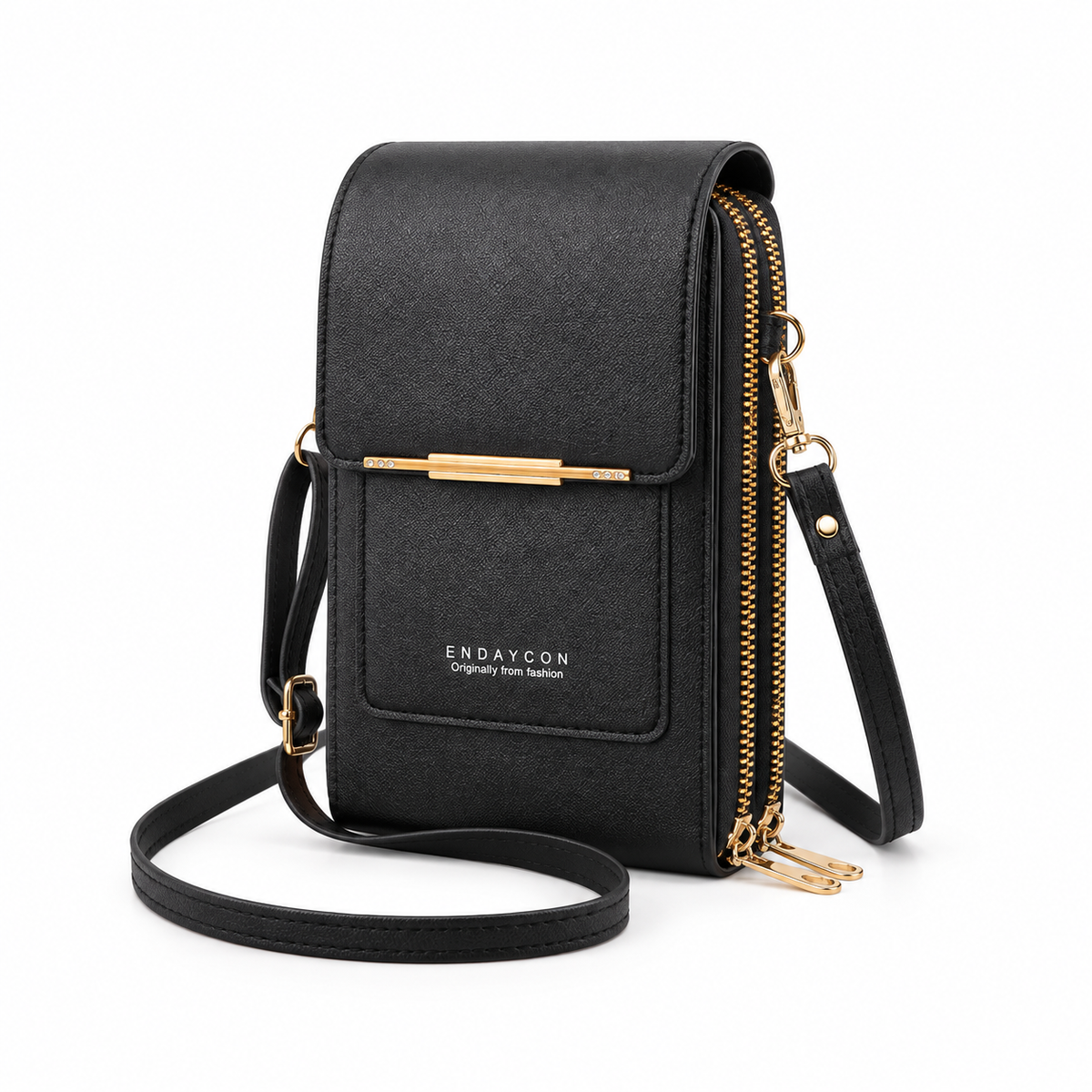 Black Textured Crossbody Bag With Gold-2