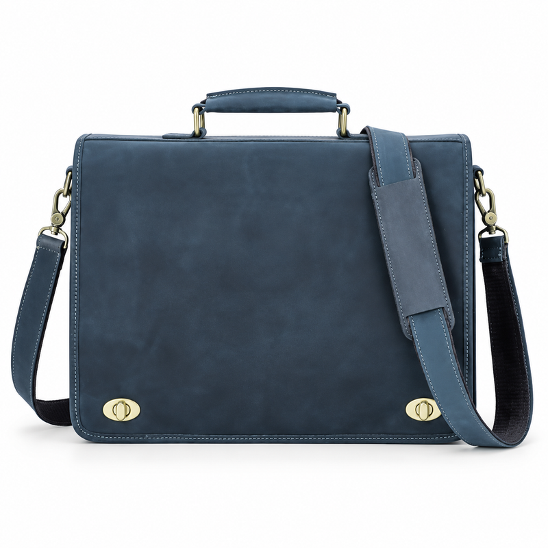 Navy Blue Leather Laptop Messenger Bag-4