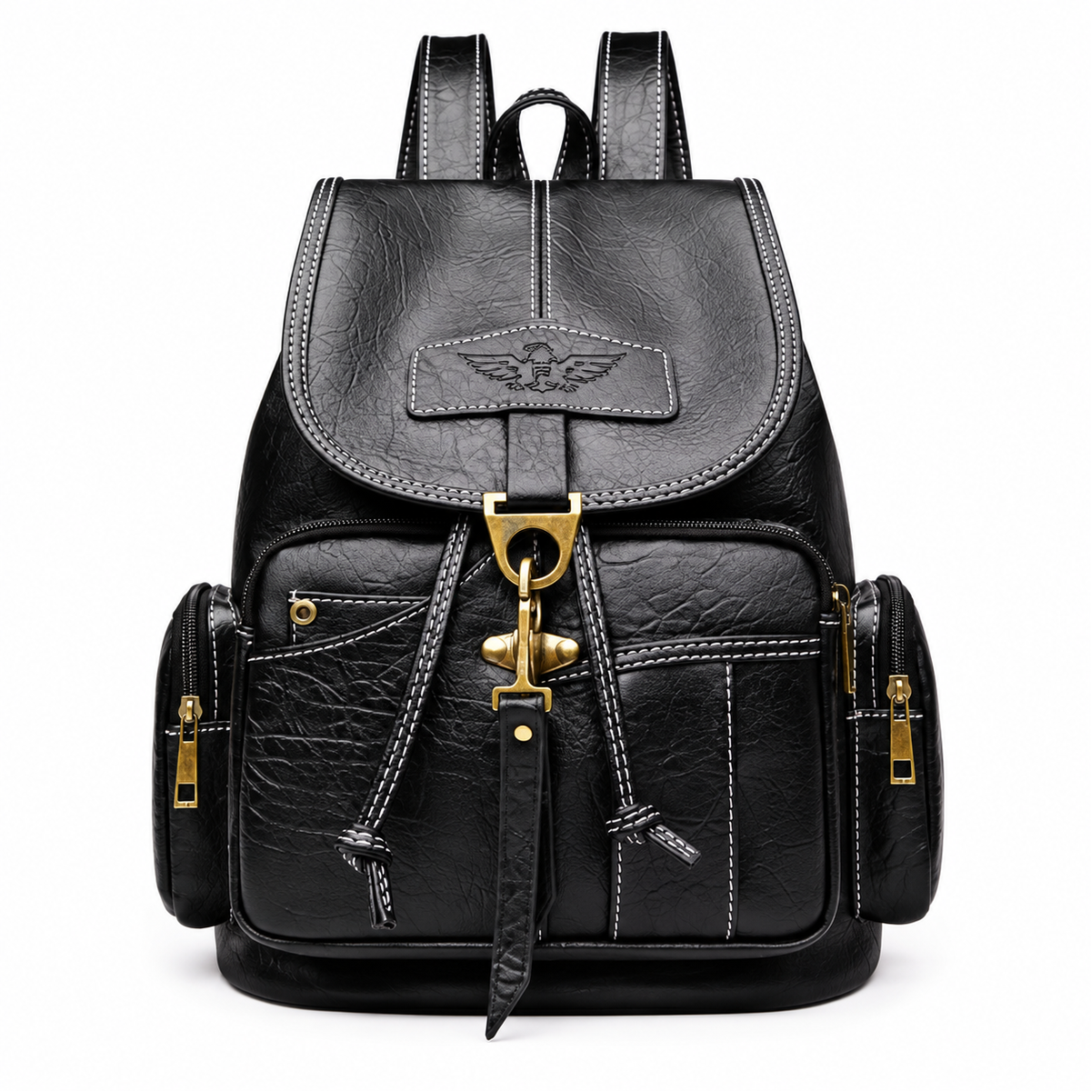 Black Vintage Backpack With Brass Details-4