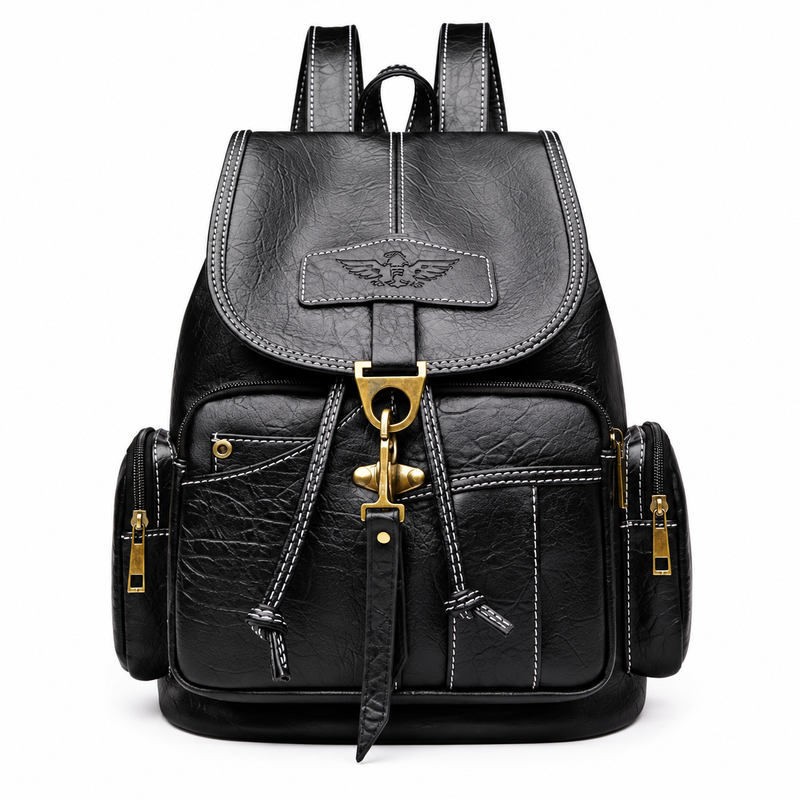 Black Vintage Backpack With Brass Details-4