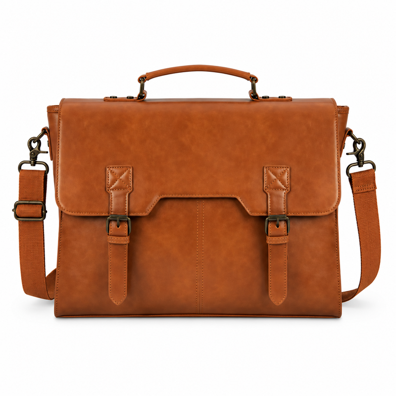 Classic Cognac Leather Briefcase With Buckles-4