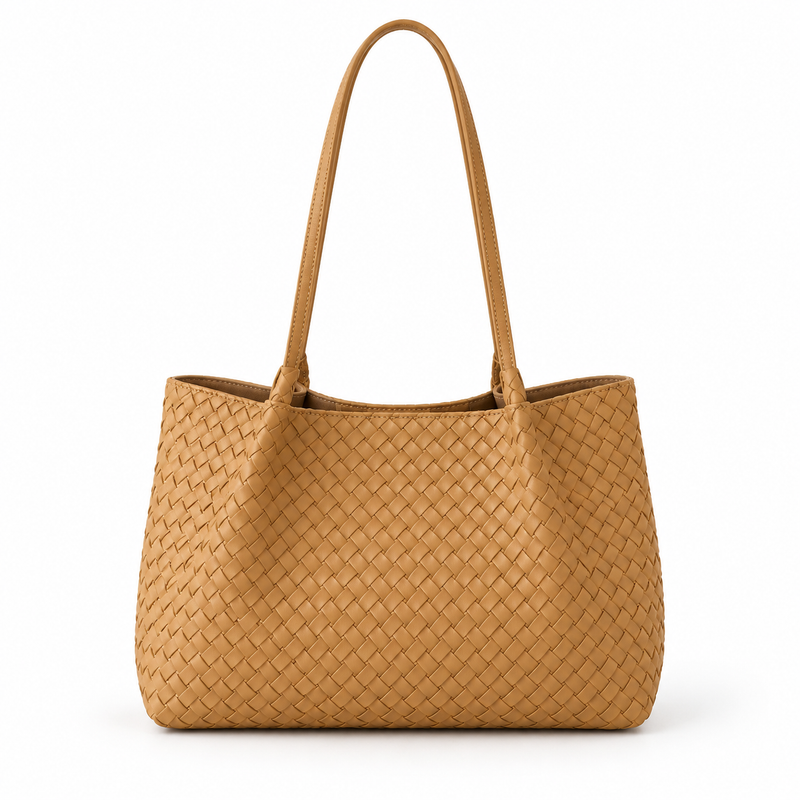 Elegant Tan Woven Shoulder Tote Bag-2