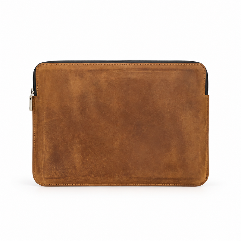 Vintage Brown Leather Zippered Laptop Bag-4