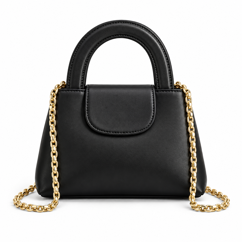 Black Vegan Leather Chain Handle Handbag-4