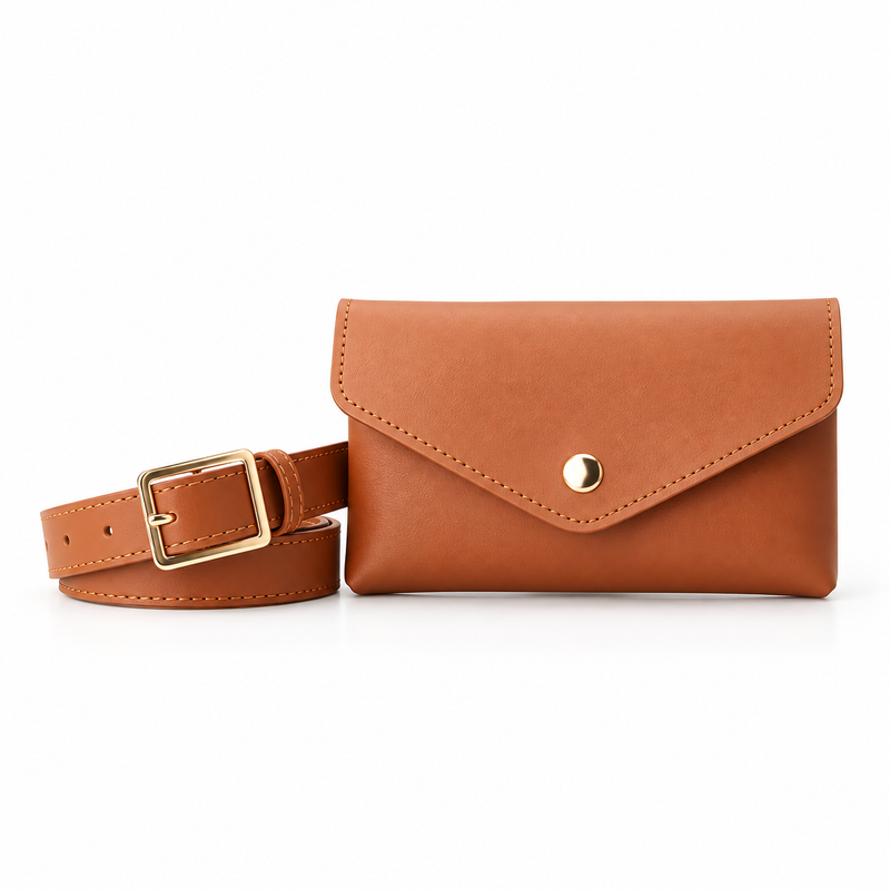 Tan Envelope Waist Belt Bag With Buckle-4