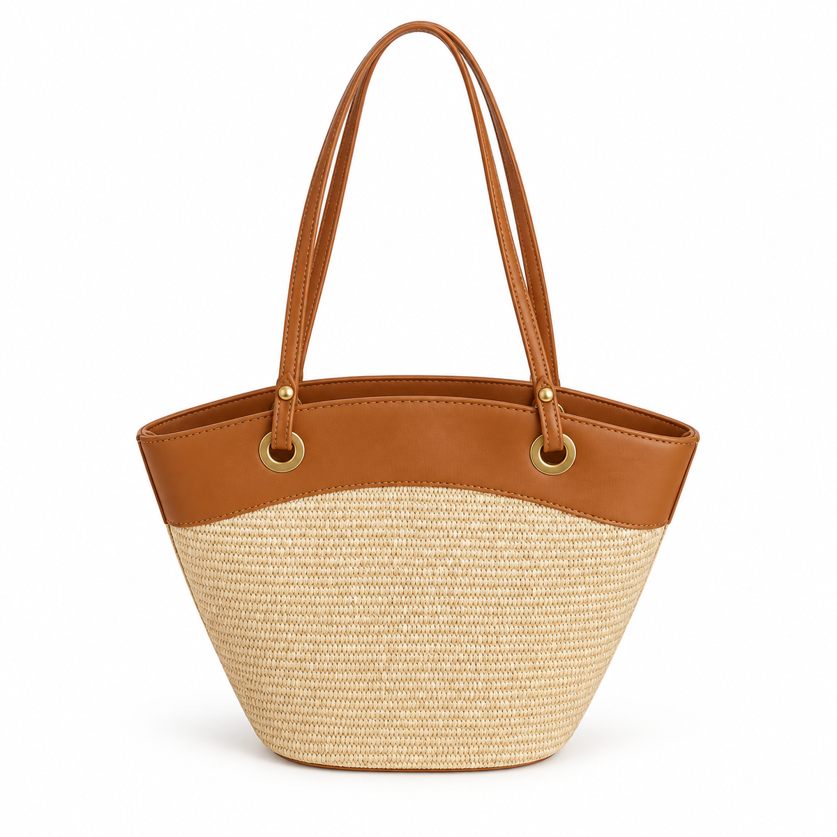 Beige Woven Tote With Brown Trim-2