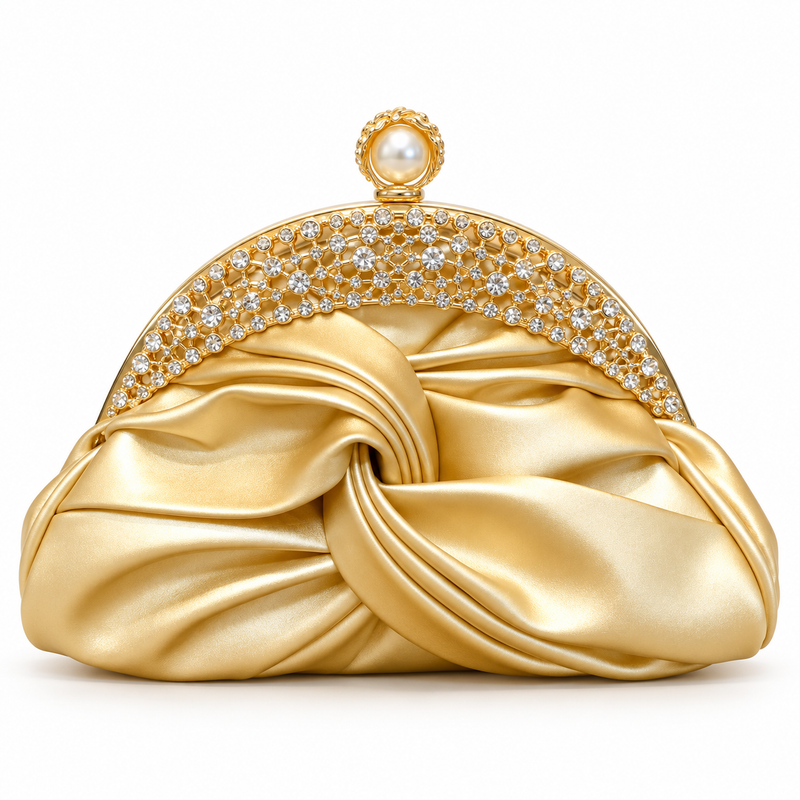 Gold Satin Rhinestone Pearl Evening Clutch-2