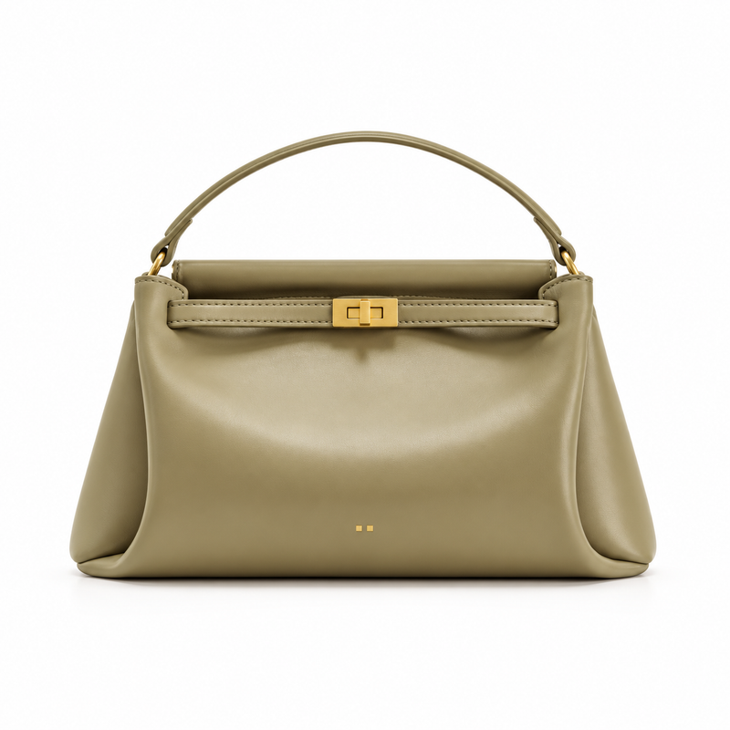 Elegant Olive Khaki Turnlock Satchel Bag-4