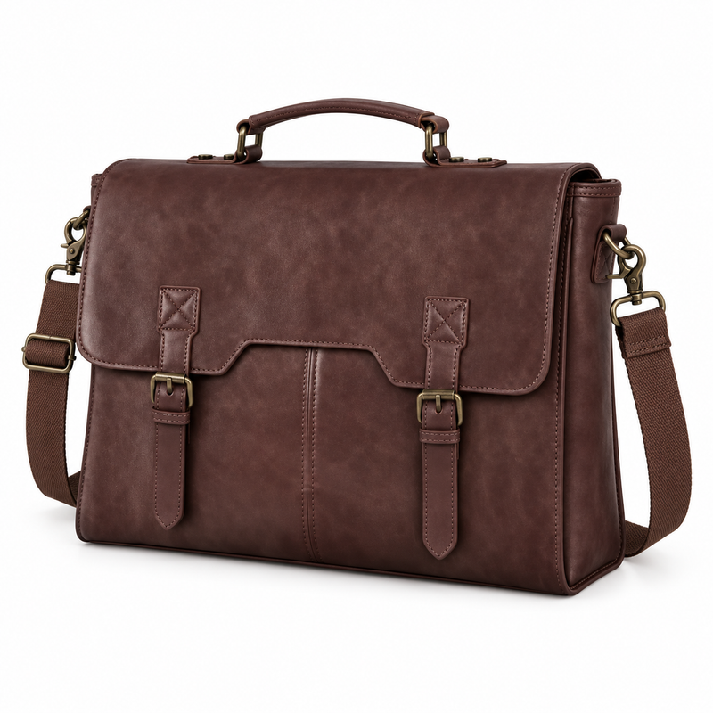 Vintage Brown Leather Double Buckle Briefcase-3