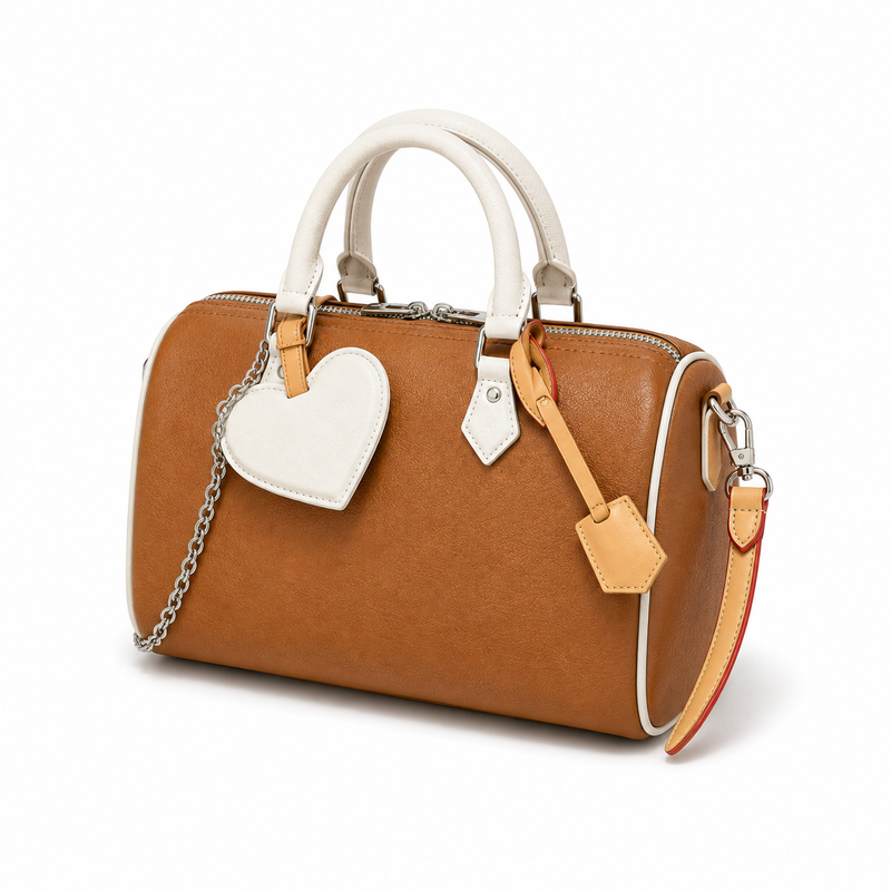 Cognac Brown Heart-Charm Boston Handbag-2