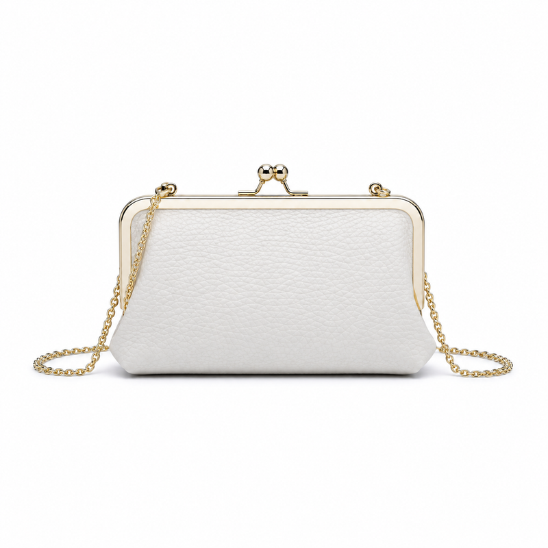 Ivory Pebbled Clutch Bag with Gold Chain-2