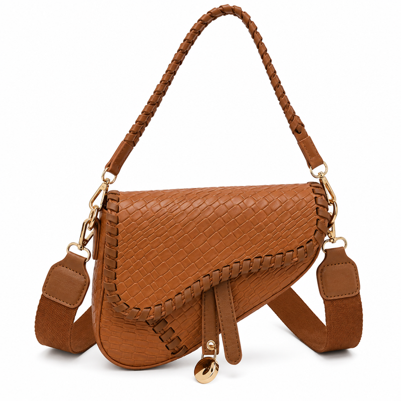 Cognac Woven Leather Saddle Shoulder Bag with Braided Handle & Crossbody Strap-4