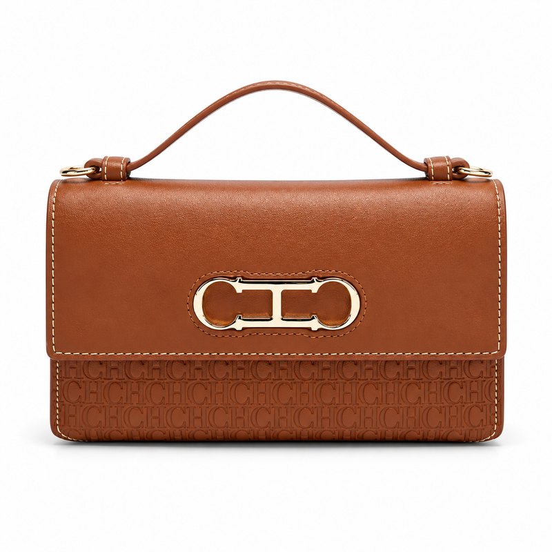 Cognac Brown Embossed Leather Evening Clutch-4