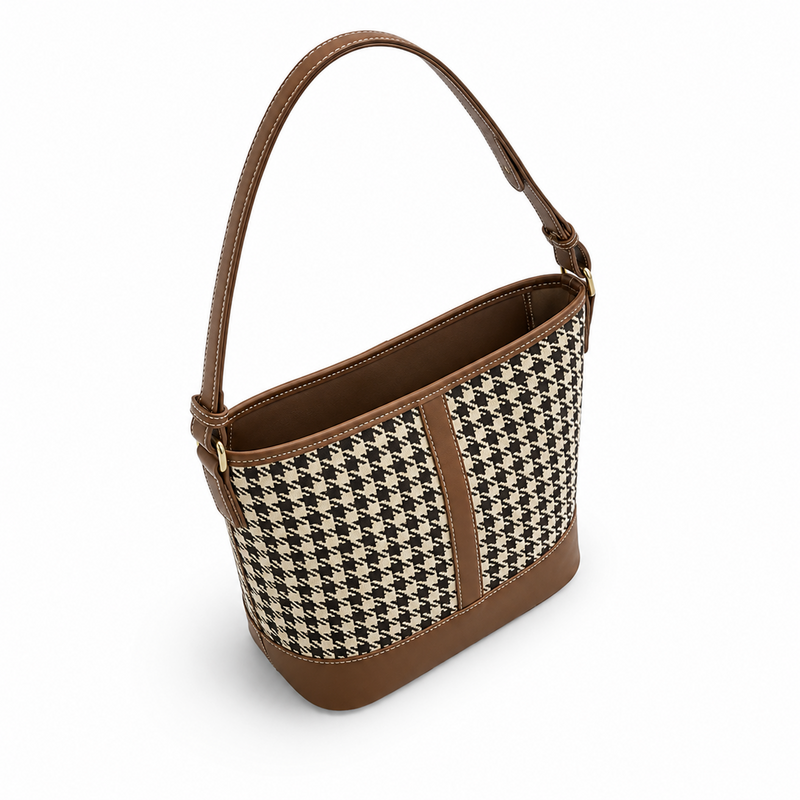 Vintage Houndstooth Brown Trim Shoulder Bag-1