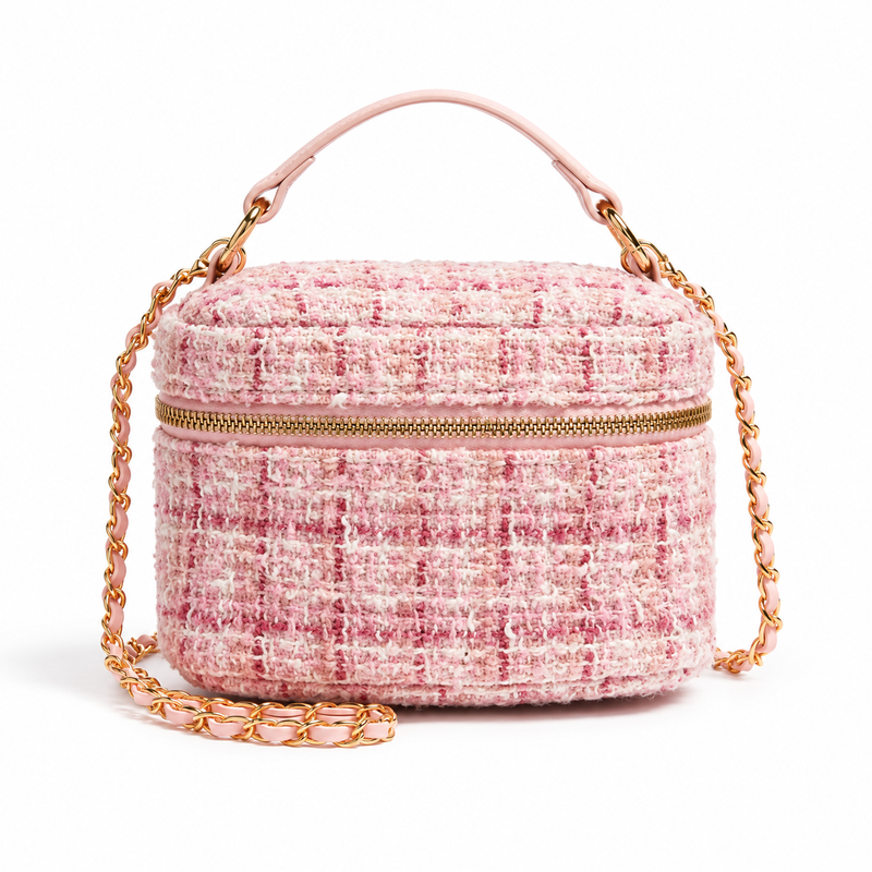 Pink Tweed Crossbody Bag With Charms-2