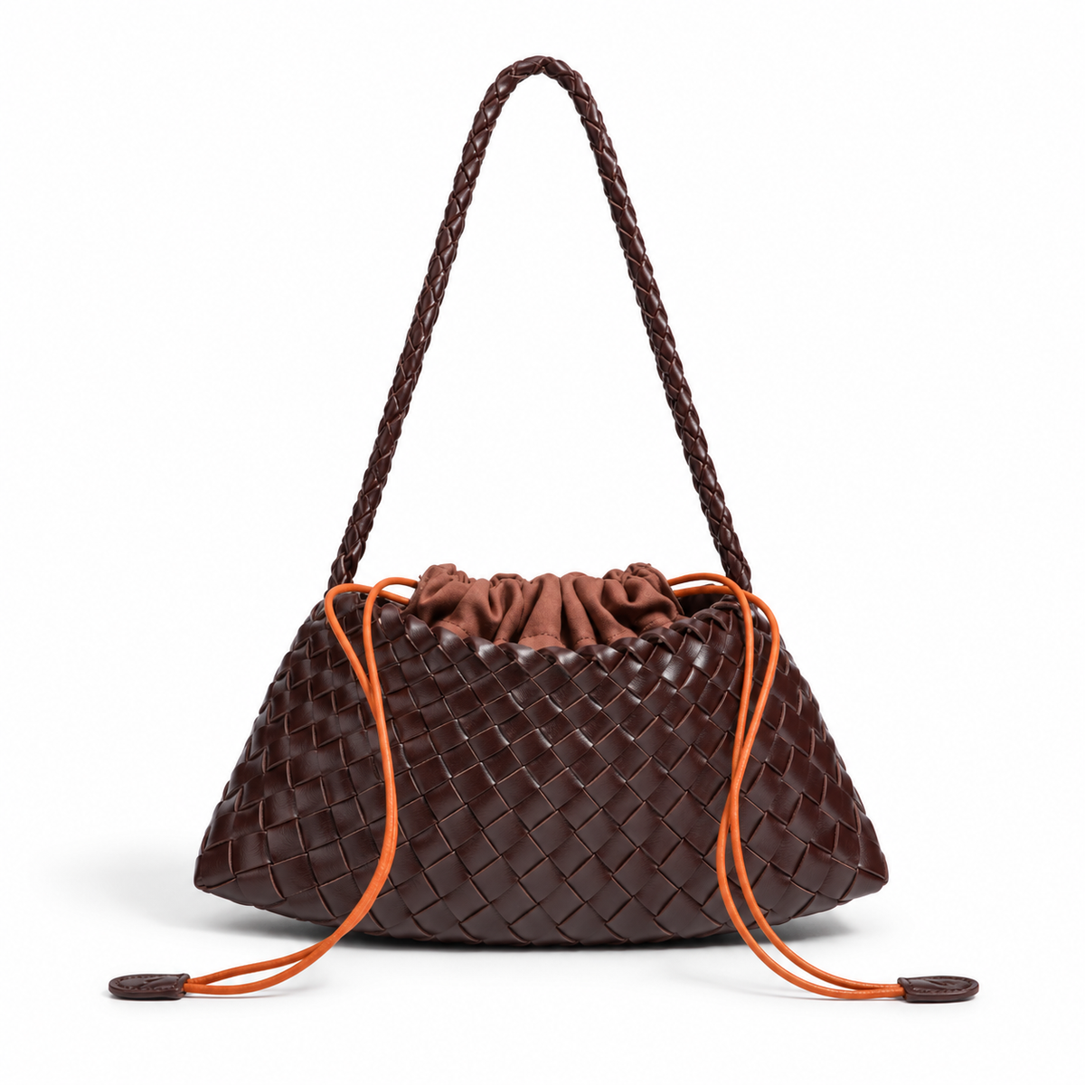 Chocolate Brown Woven Drawstring Shoulder Bag-4