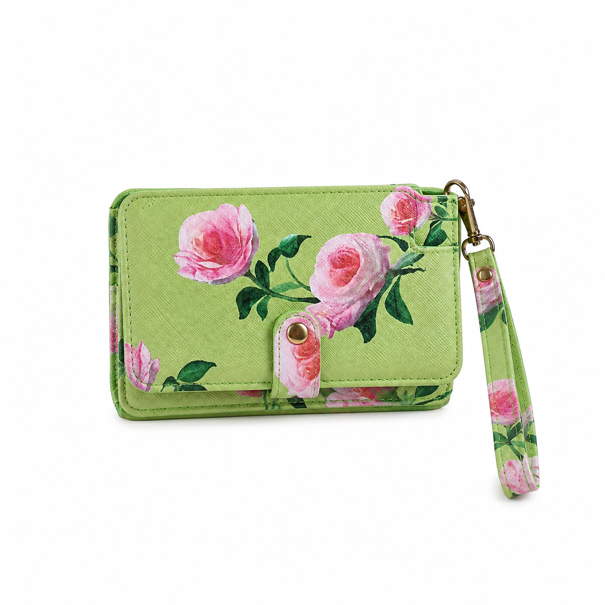 Green Floral Rose Print Wristlet Wallet Clutch-1