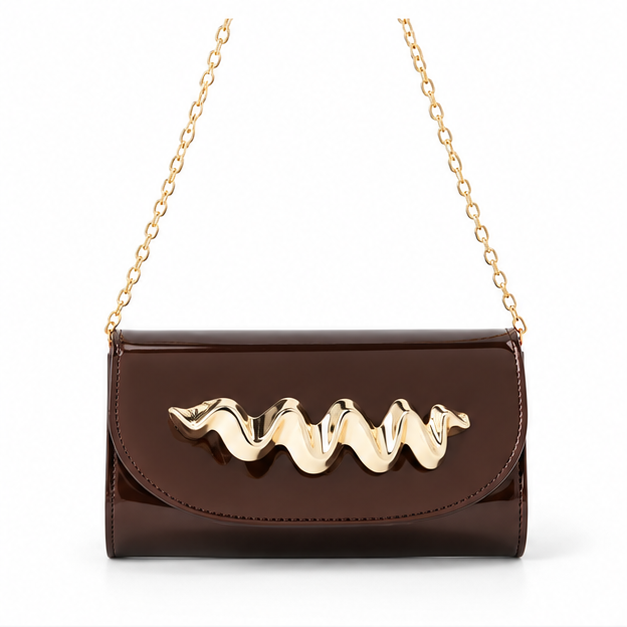 Glossy Chocolate Gold Chain Evening Bag-4