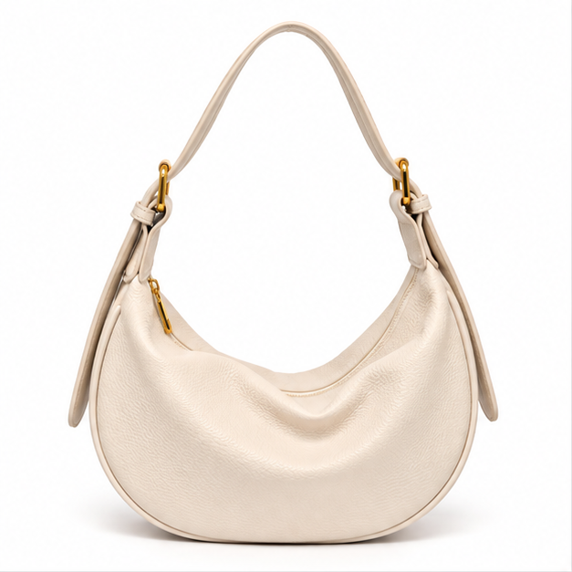 Beige Crescent Pebbled Leather Shoulder Bag-4