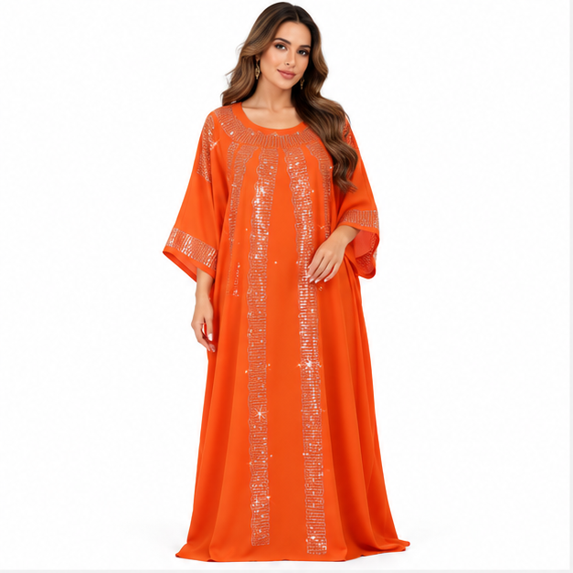 Orange Silver Embellished Flowing Women's Kaftan-1