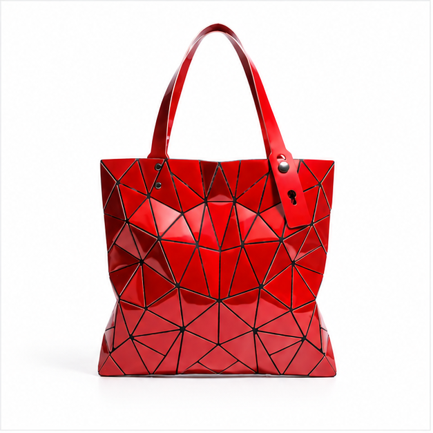 Red Geometric Glossy Structured Tote Bag-4