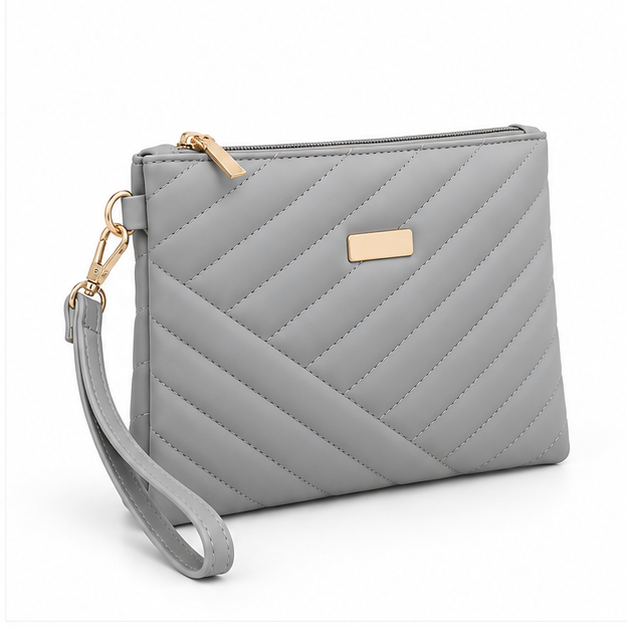 Grey Quilted Wristlet Clutch Bag Purse-1