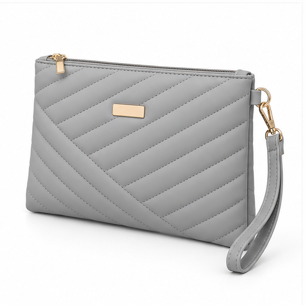 Grey Quilted Wristlet Clutch Bag Purse-3