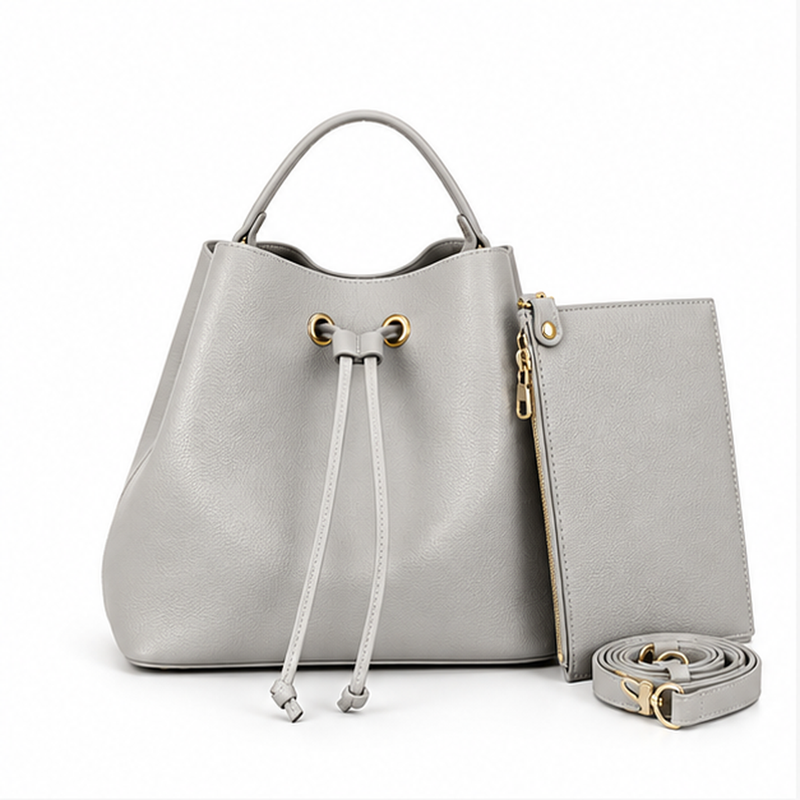 Grey Drawstring Bucket Handbag With Pouch-4
