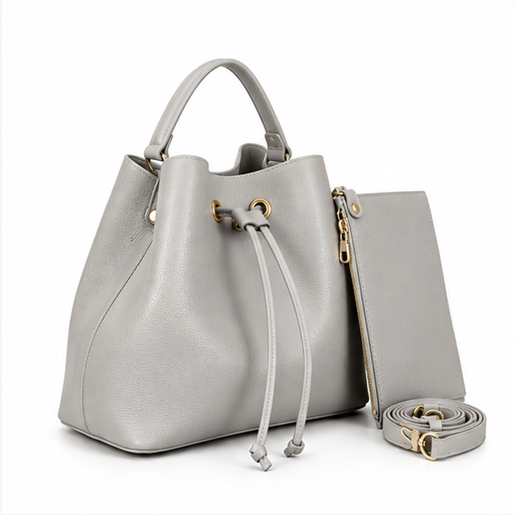 Grey Drawstring Bucket Handbag With Pouch-1