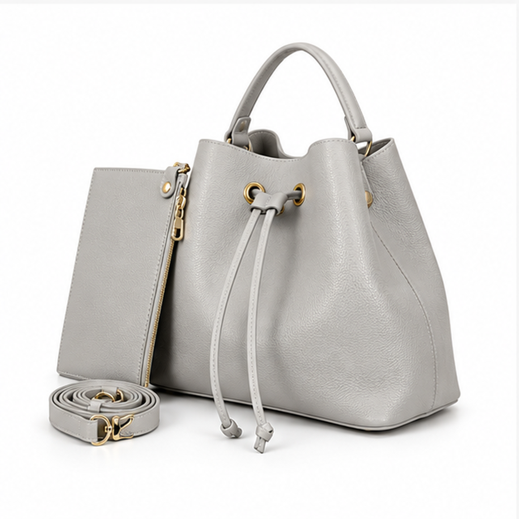 Grey Drawstring Bucket Handbag With Pouch-3