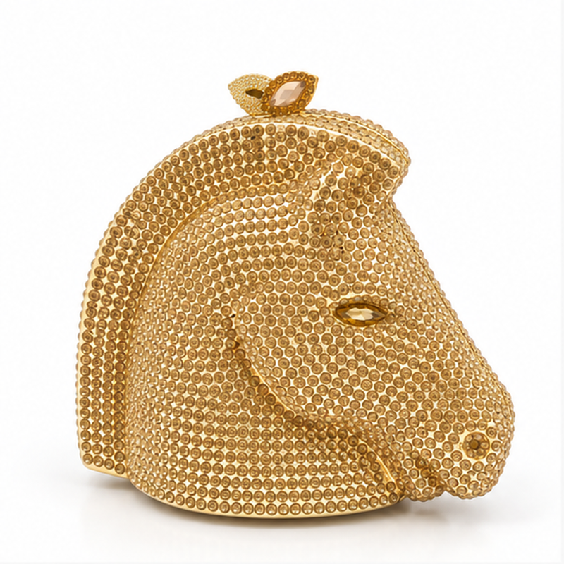 Golden Crystal Horse Head Evening Clutch-4