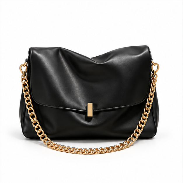 Elegant Black Slouchy Gold Chain Handbag-4