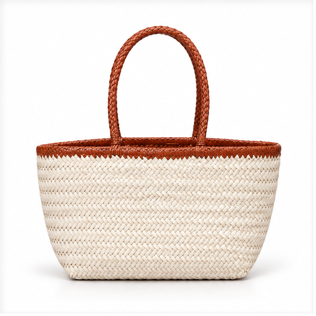 Ivory Woven Tote With Brown Handles-4