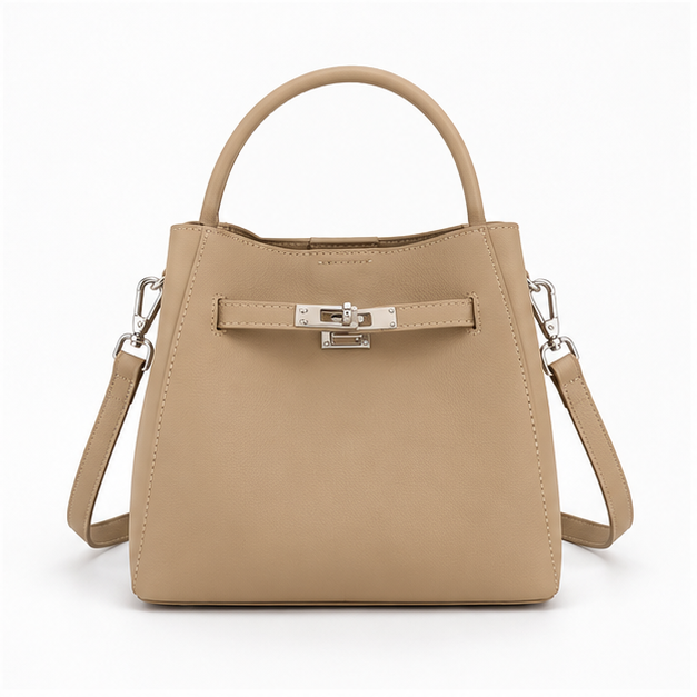 Elegant Taupe Structured Leather Shoulder Handbag-4