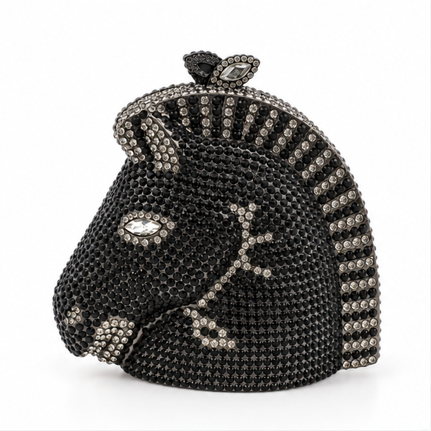 Black Crystal Horse Head Evening Clutch-4