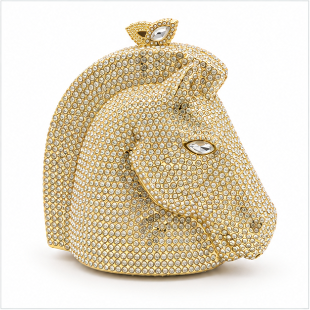 Golden Crystal Horse Head Evening Clutch-4