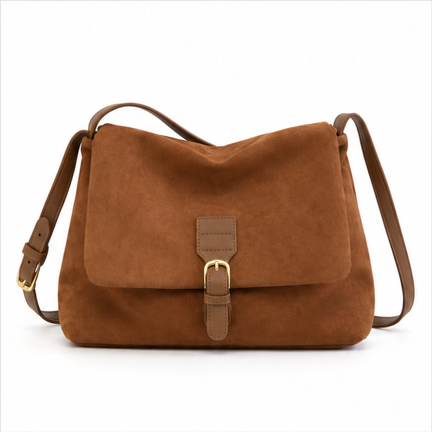 Coffee Suede Buckle Crossbody Shoulder Bag-4