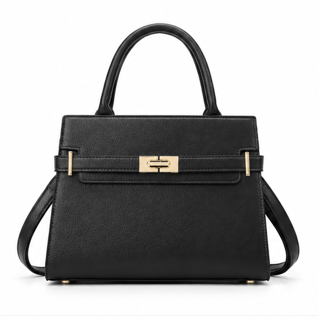 Black Structured Gold Lock Handbag Tote-4