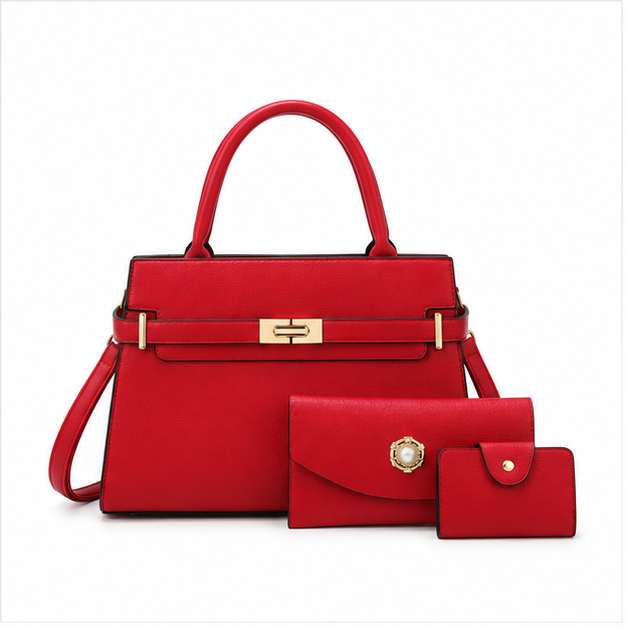 Red Structured Handbag With Matching Accessories-4