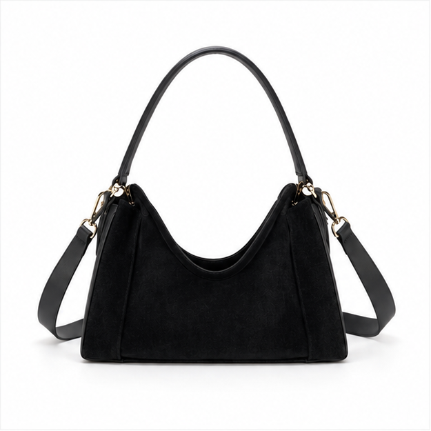 Black Suede Shoulder Bag With Strap-4