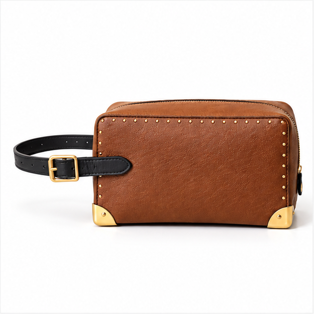 Cognac Studded Leather Wristlet Crossbody Bag-4